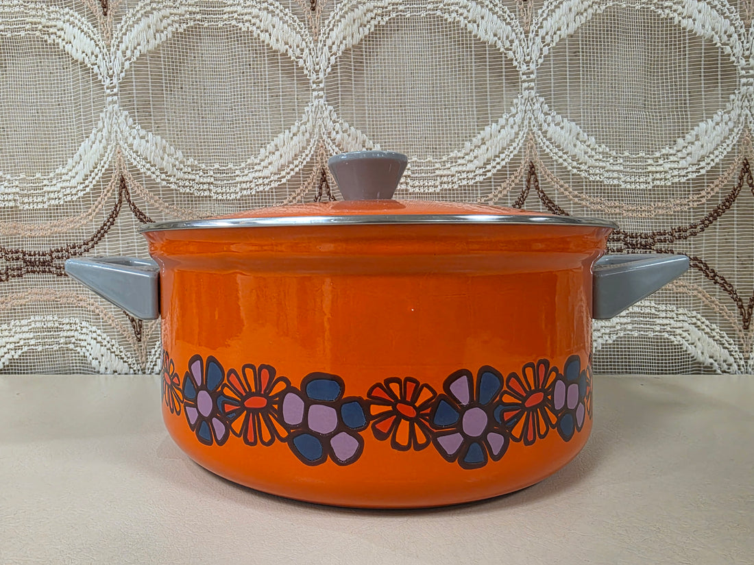 Vintage Brabantia Diane pan in oranje met bloemendessin, diameter 24,5 cm