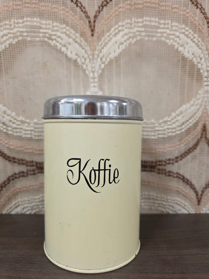 Brabantia koffieblik crèmekleurig jaren 70 met zwarte sierletters, 16 cm hoog