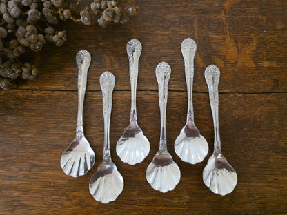 Set van zes vintage Clover RVS schelplepels met sierlijk handvat van 13 cm.