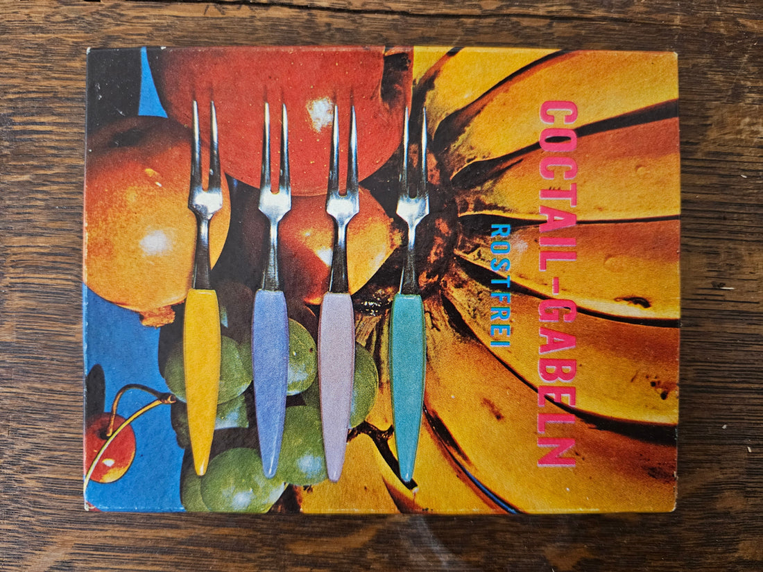 Set van 12 cocktailvorkjes in originele doos – vintage borrelbestek