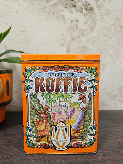 Vintage koffieblik De Gruyter oranje met nostalgische plaatjes