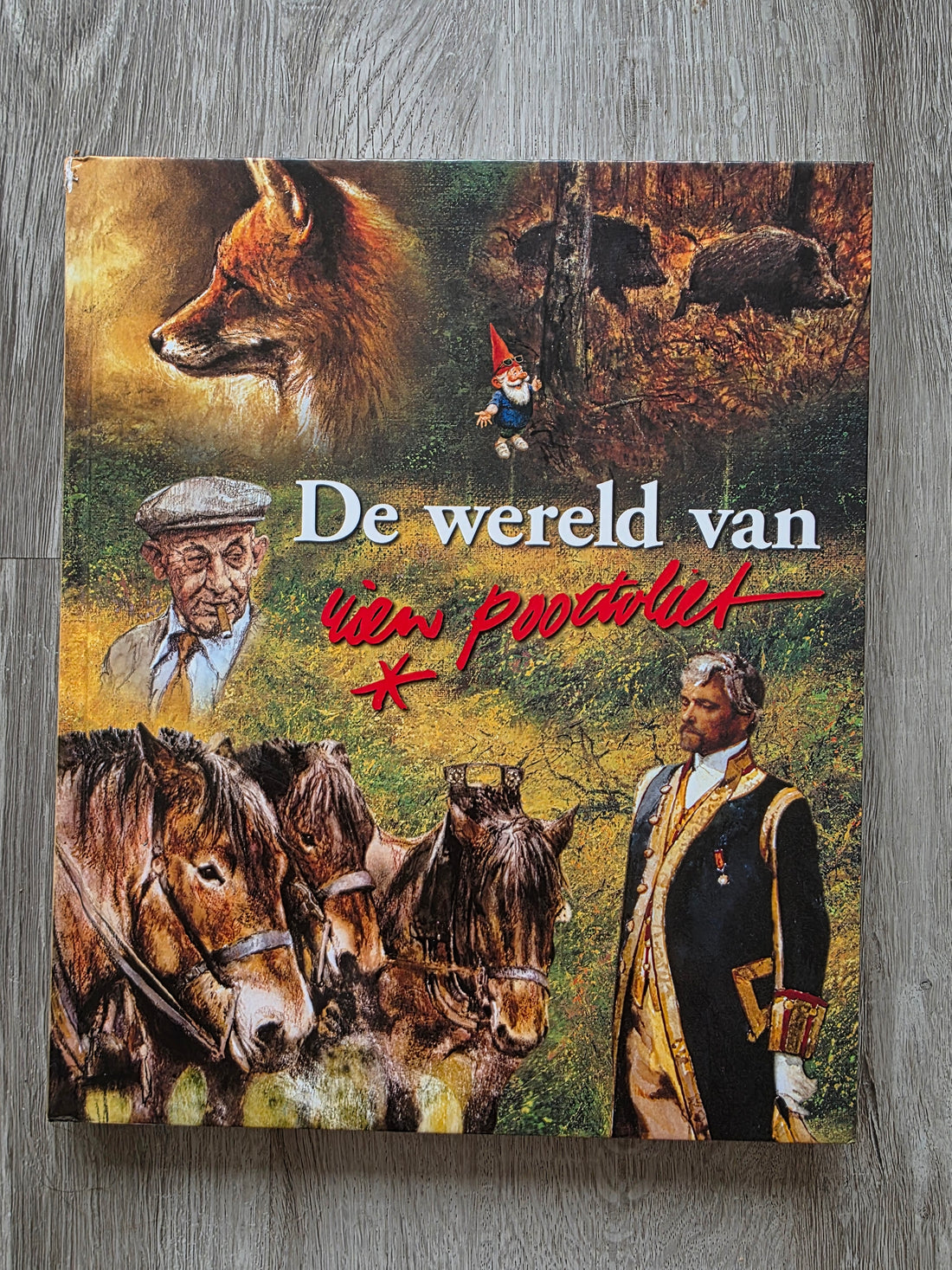 Boek De wereld van Rien Poortvliet met harde kaft en kleurrijke illustraties van natuur en dieren.