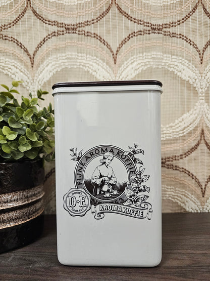 Vintage lichtgrijze Mepal voorraadbus van Douwe Egberts – kunststof – afsluitbaar met D.E.-logo op het deksel