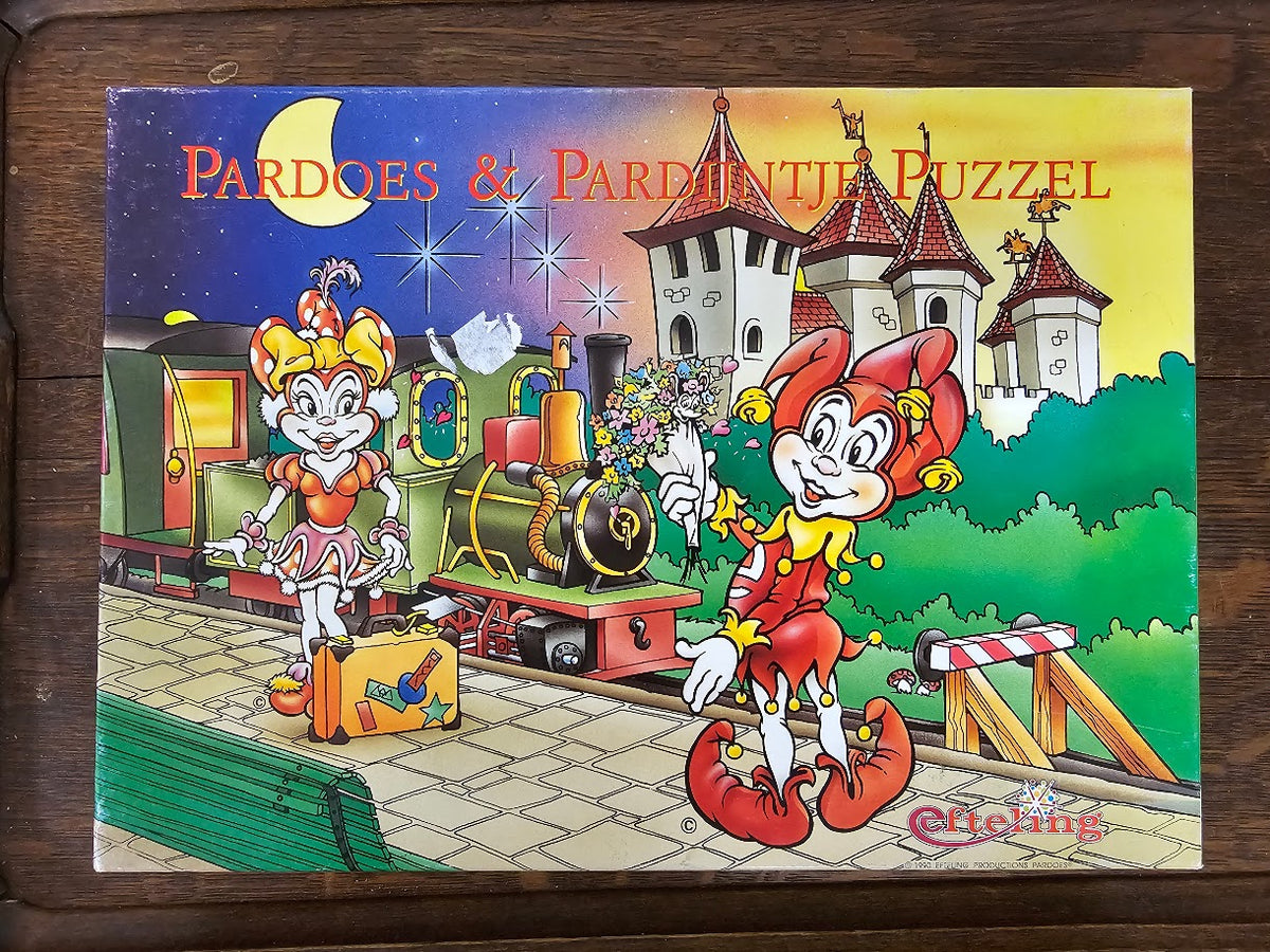 Vintage Efteling puzzel uit 1990 met Pardoes en Pardijntje bij de stoomtrein