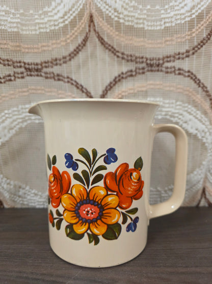 Vintage Emsa maatbeker met oranje gele bloemenprint jaren 70