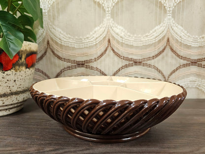 Vintage Emsa schaal met beige vakverdeling en bruine mandstructuur