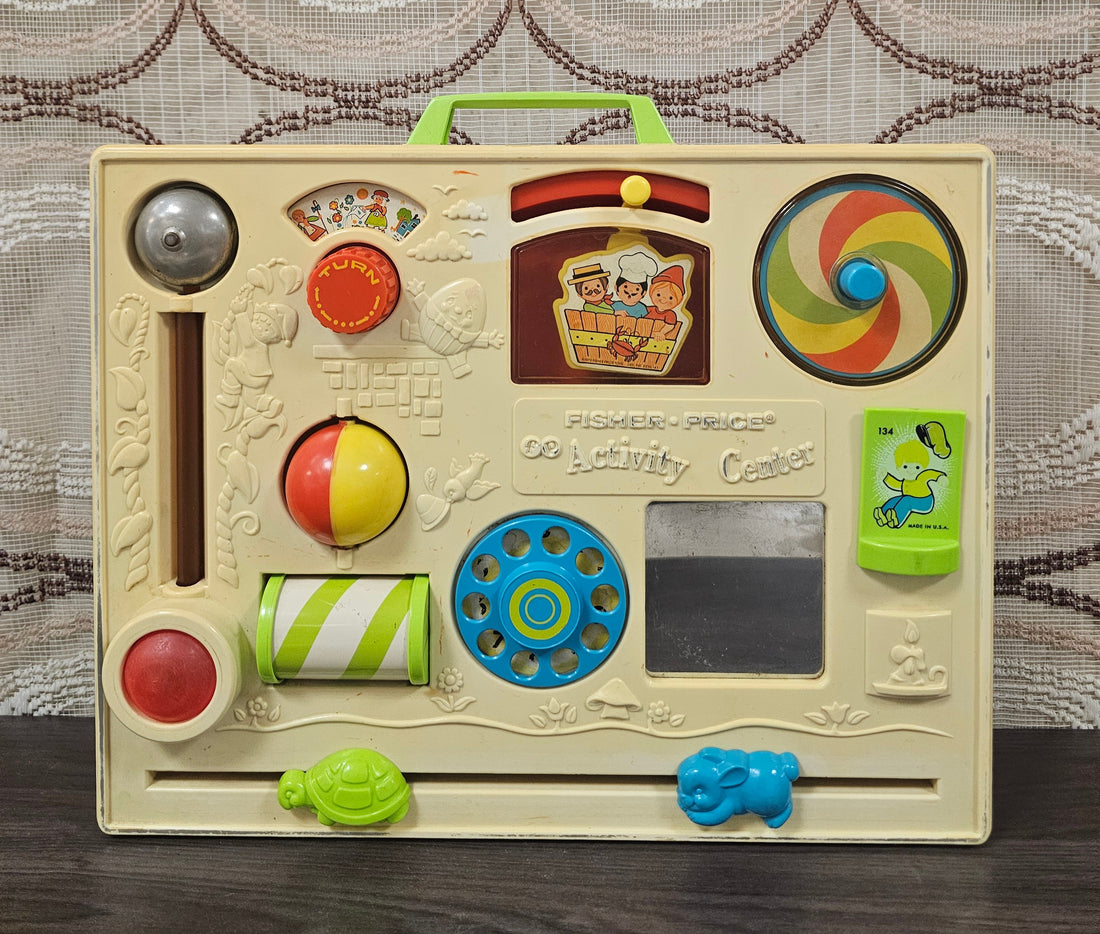 Fisher Price vintage activity center met boxbevestiging en rode knop belletje