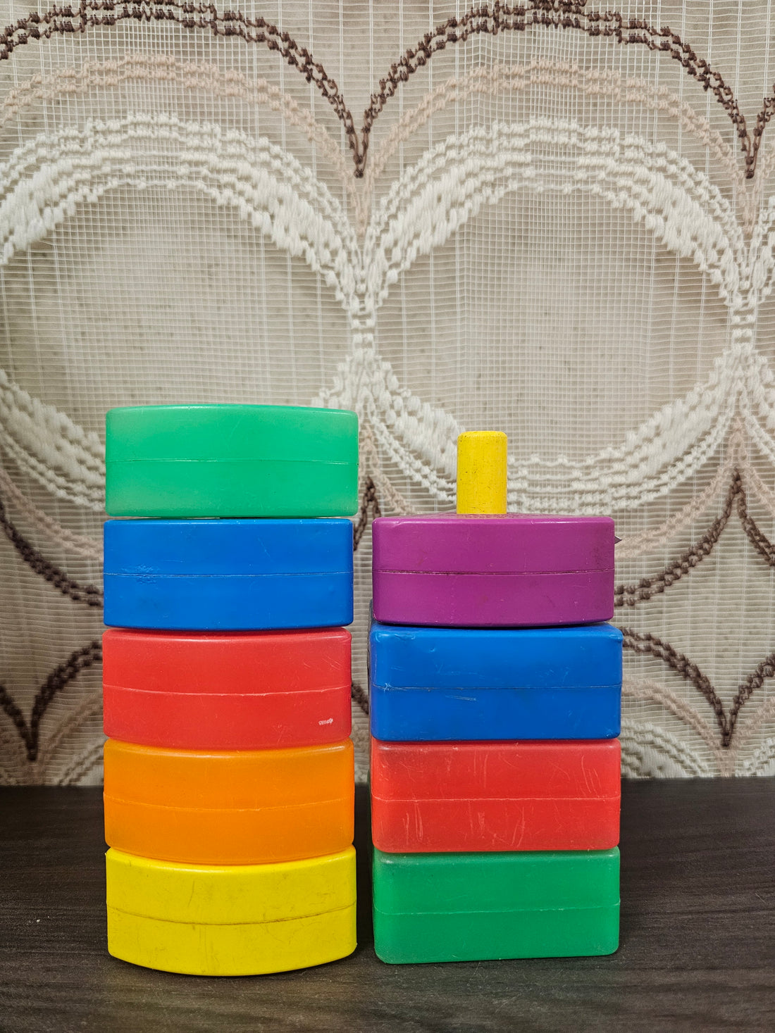 Vintage Fisher-Price gekleurde stapelblokken van kunststof uit de jaren 70