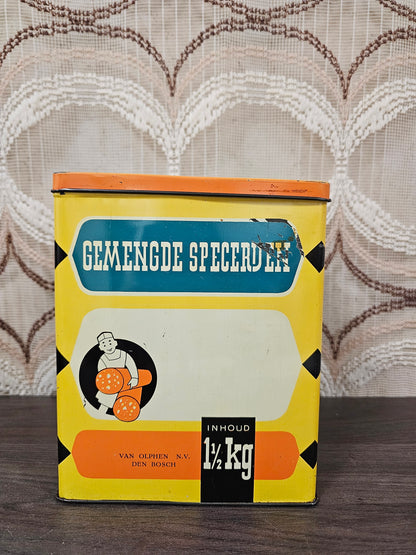 Geel metalen kruidenblik Van Olphen Den Bosch met opschrift gemengde specerijen