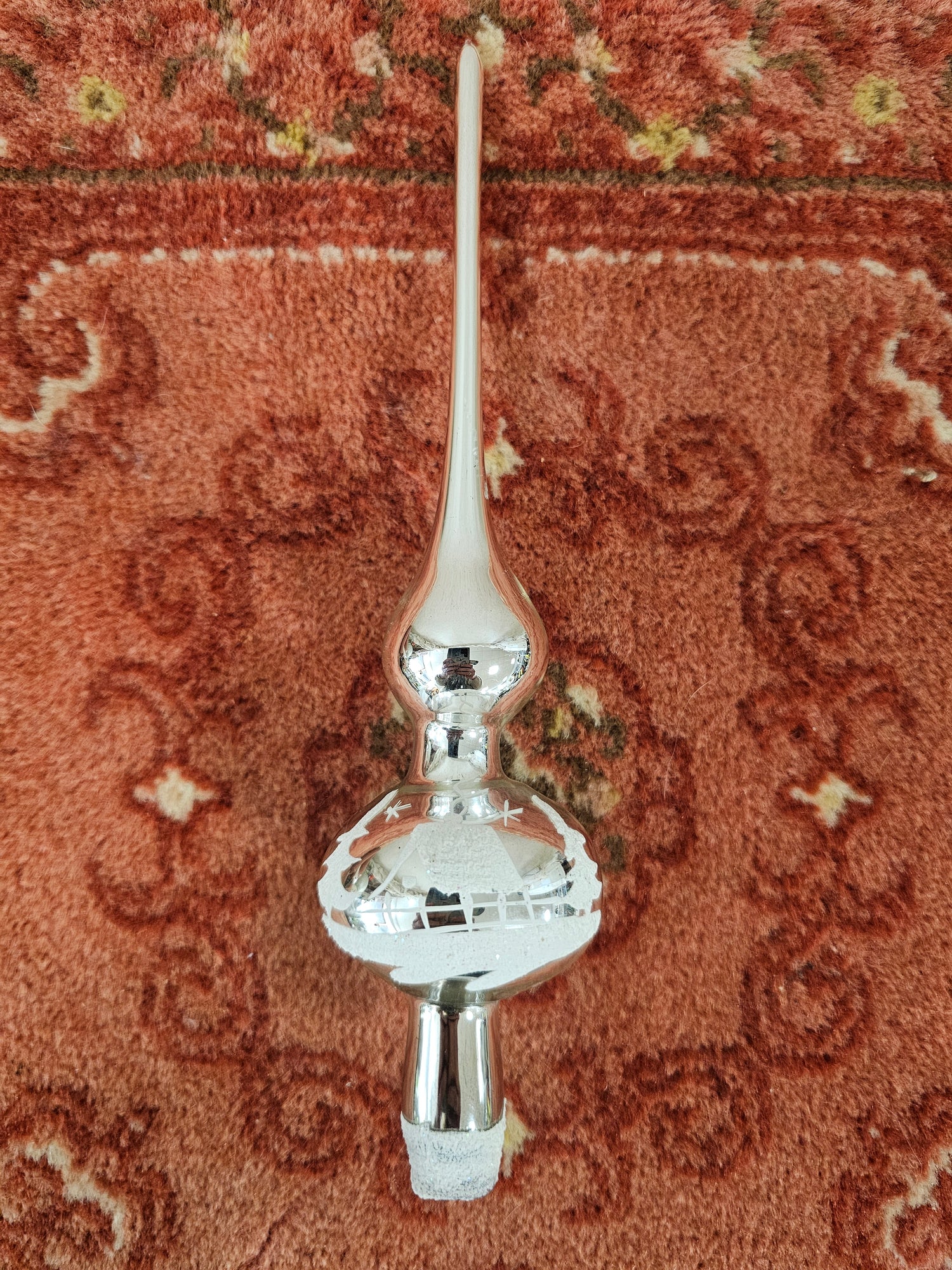 Vintage glazen kerstpiek 25 cm – wit winters tafereel met gesuikerde afwerking