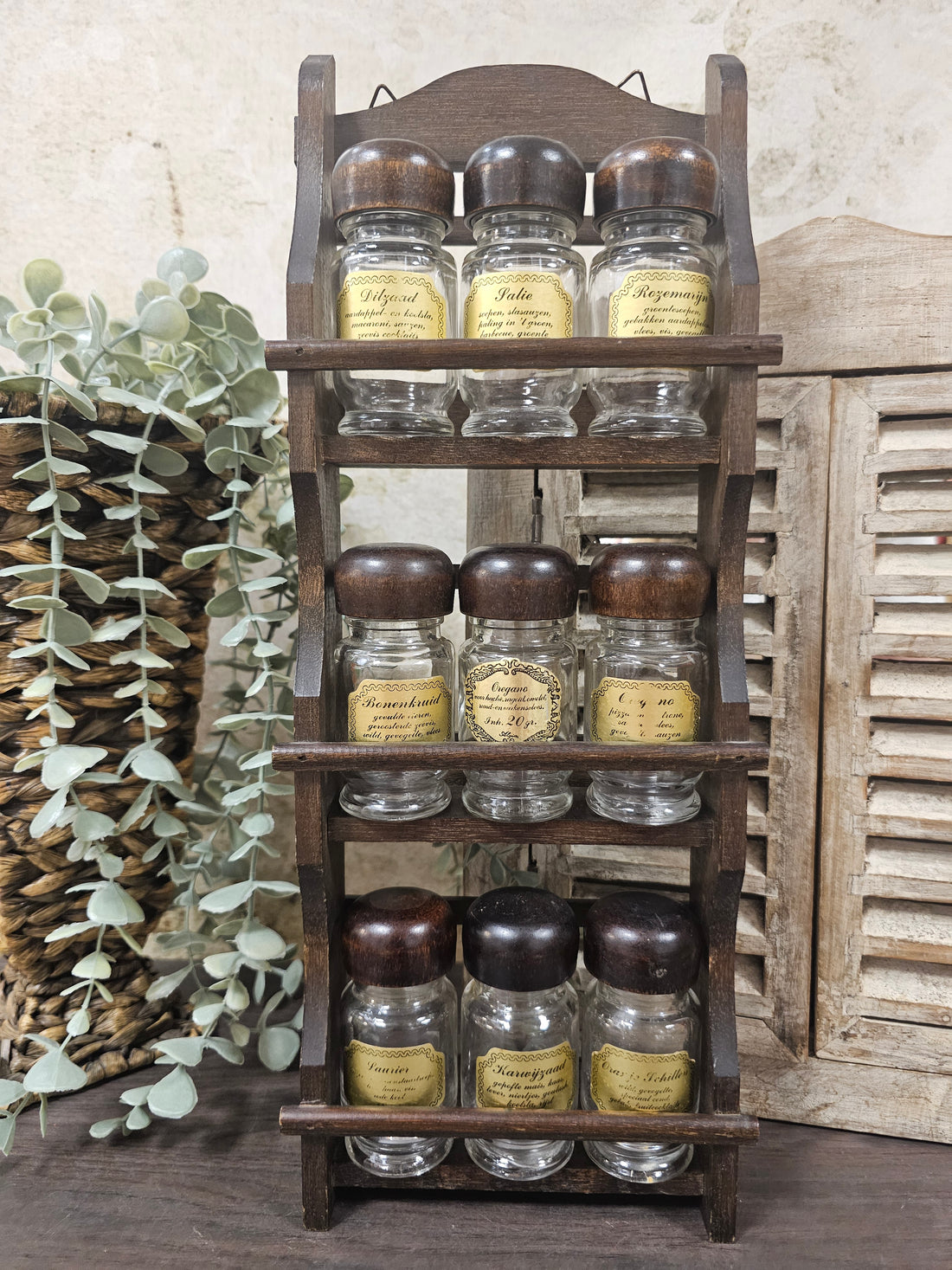 Houten kruidenrek 9 glazen kruidenpotjes