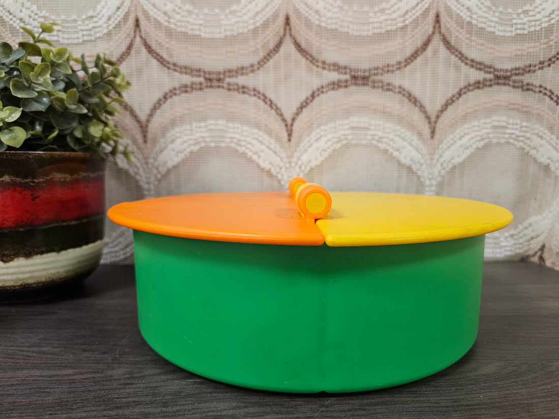 Vintage ronde Ikea Knut opbergdoos groen met oranje en gele deksel