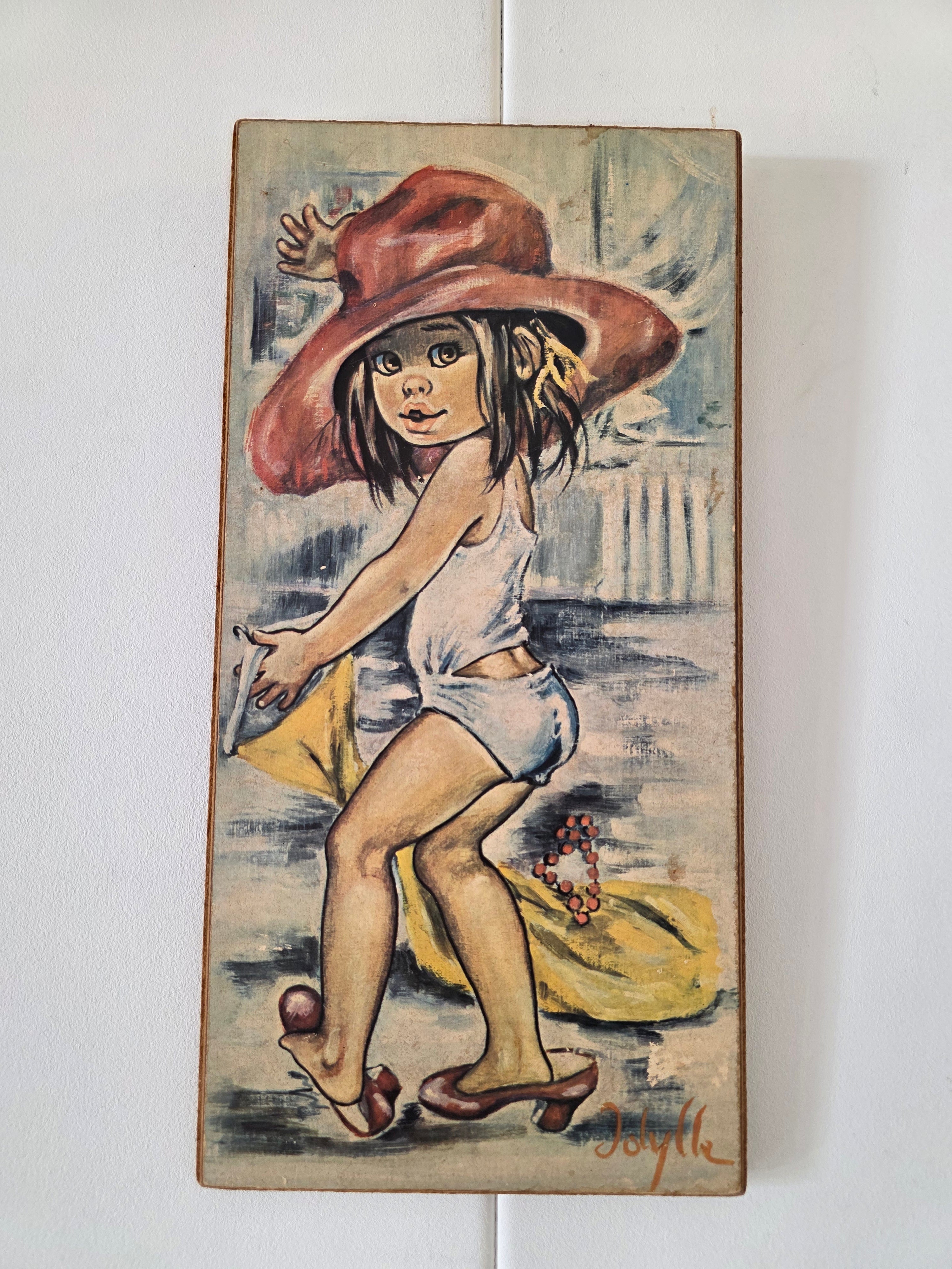 Vintage wanddecoratie Jolylle meisje met hoed, hakken en kralen