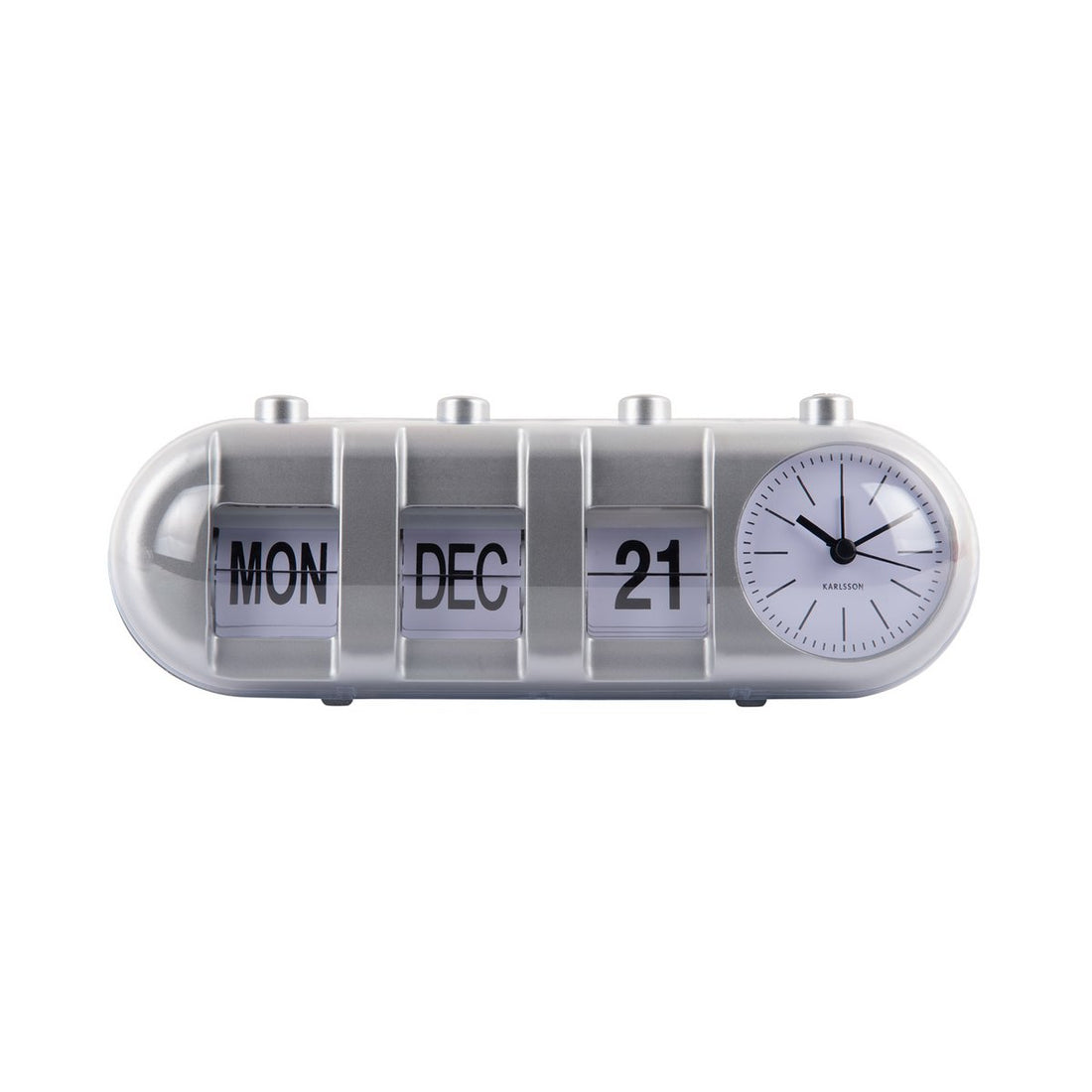 Karlsson buiskalender flip zilver – retro wekker met datum