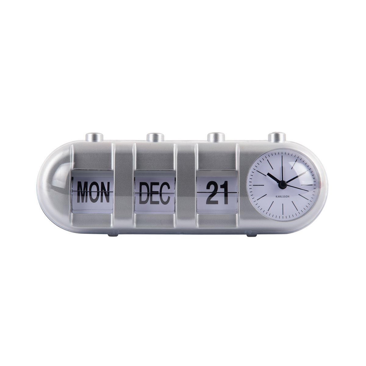 Karlsson buiskalender flip zilver – retro wekker met datum