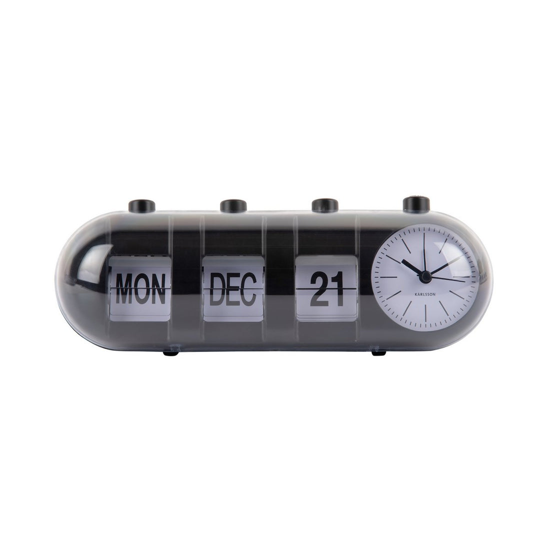 Karlsson buiskalender flip zwart – retro wekker met datum