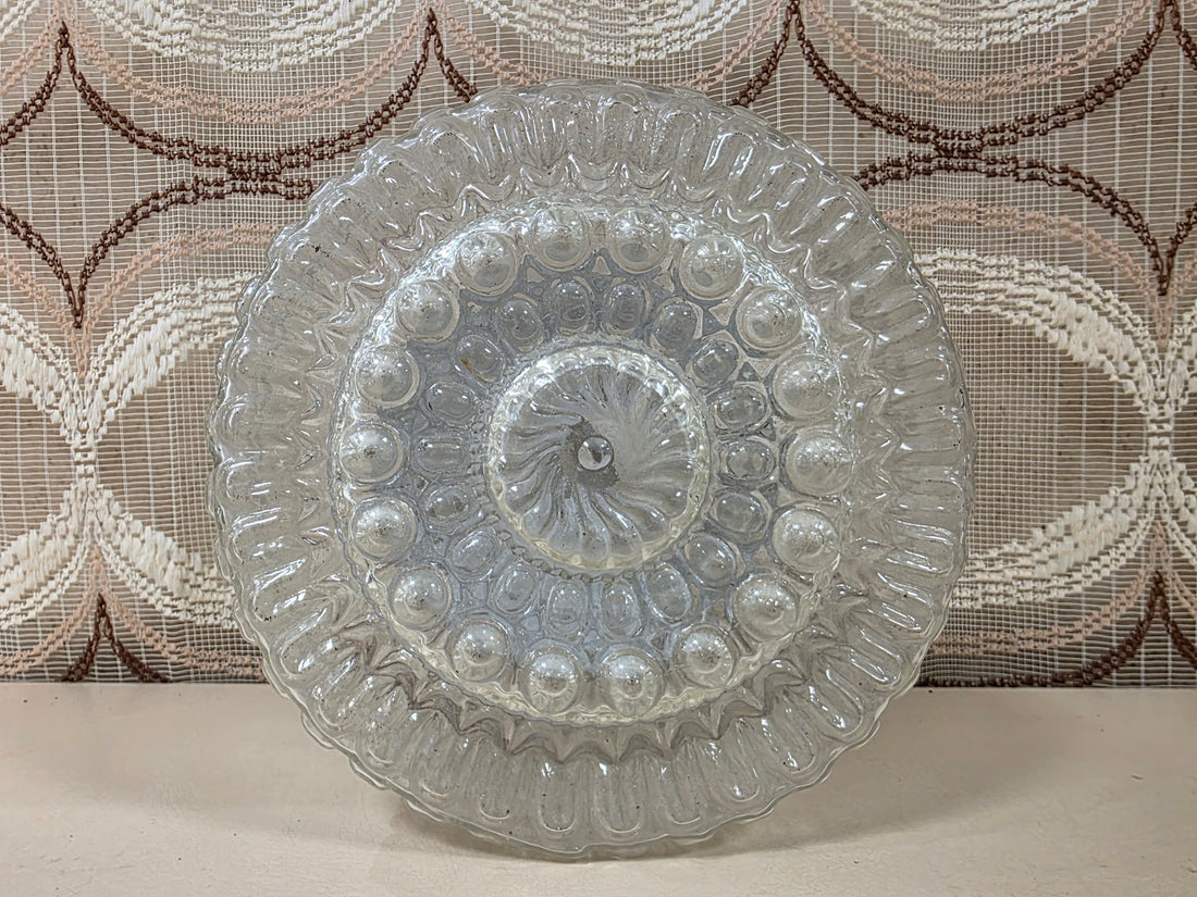 Vintage Massive glazen plafondlamp van helder reliëfglas met ronde patronen