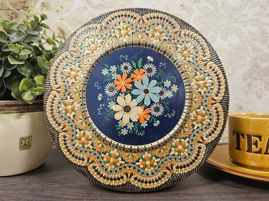 Jaren 60 Mozaik kraaltjes koekblik oranje blauw