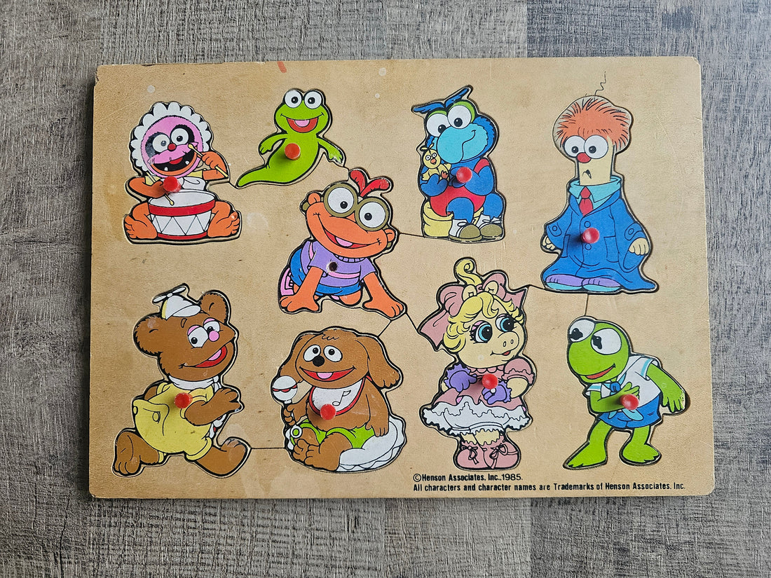 Houten puzzel uit 1985 met Mini Muppets figuren zoals Kermit en Miss Piggy