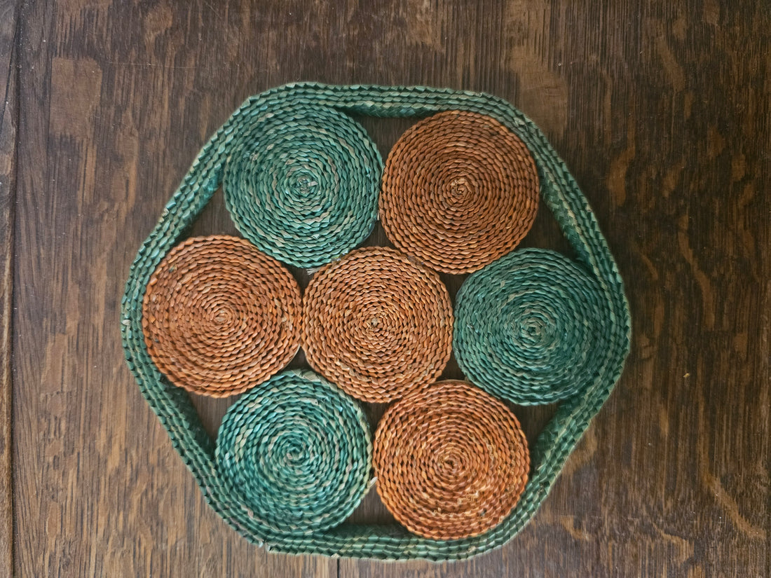 Raffia ronde onderzetter groen oranje