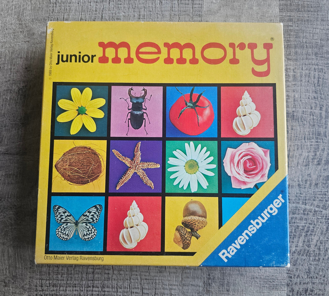 Ravensburger Junior memoryspel 1969 – compleet met 72 fotokaartjes en handleiding