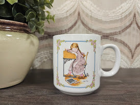 Sarah Kay koffiebeker wit keramiek – meisje aan bureau illustratie