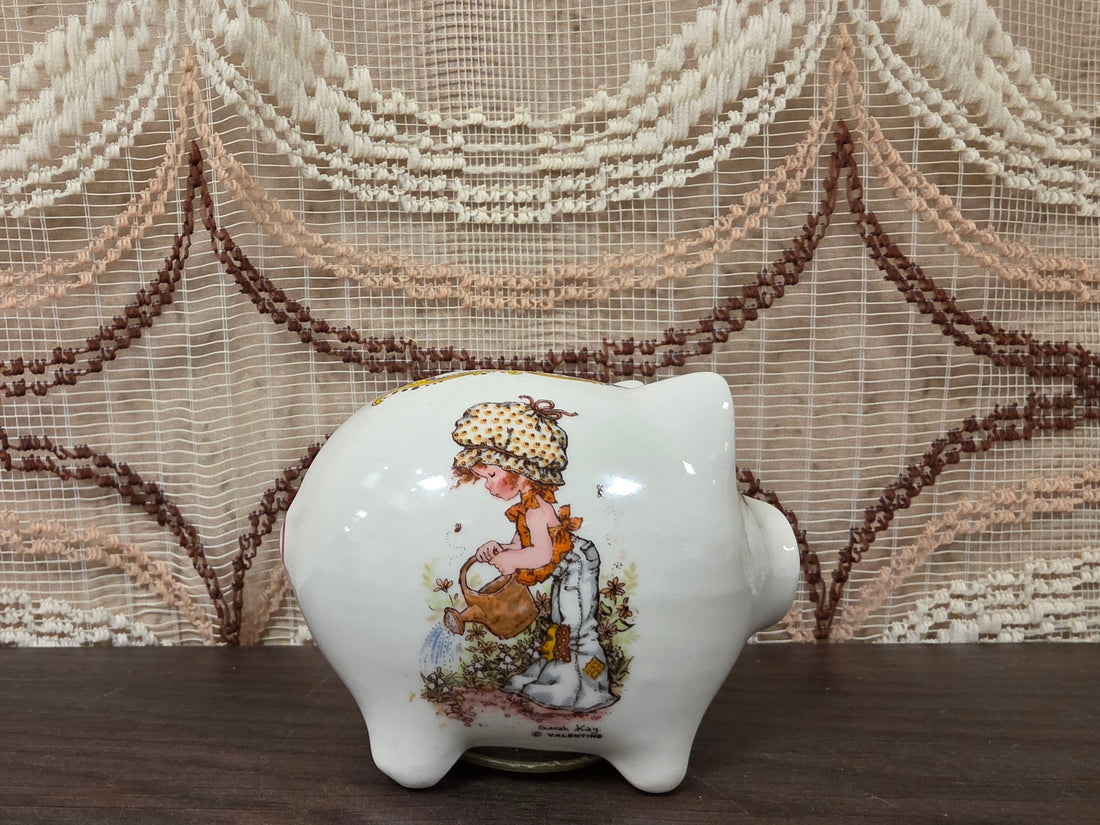Vintage wit keramieken Sarah Kay spaarvarken met illustraties en afsluitdop