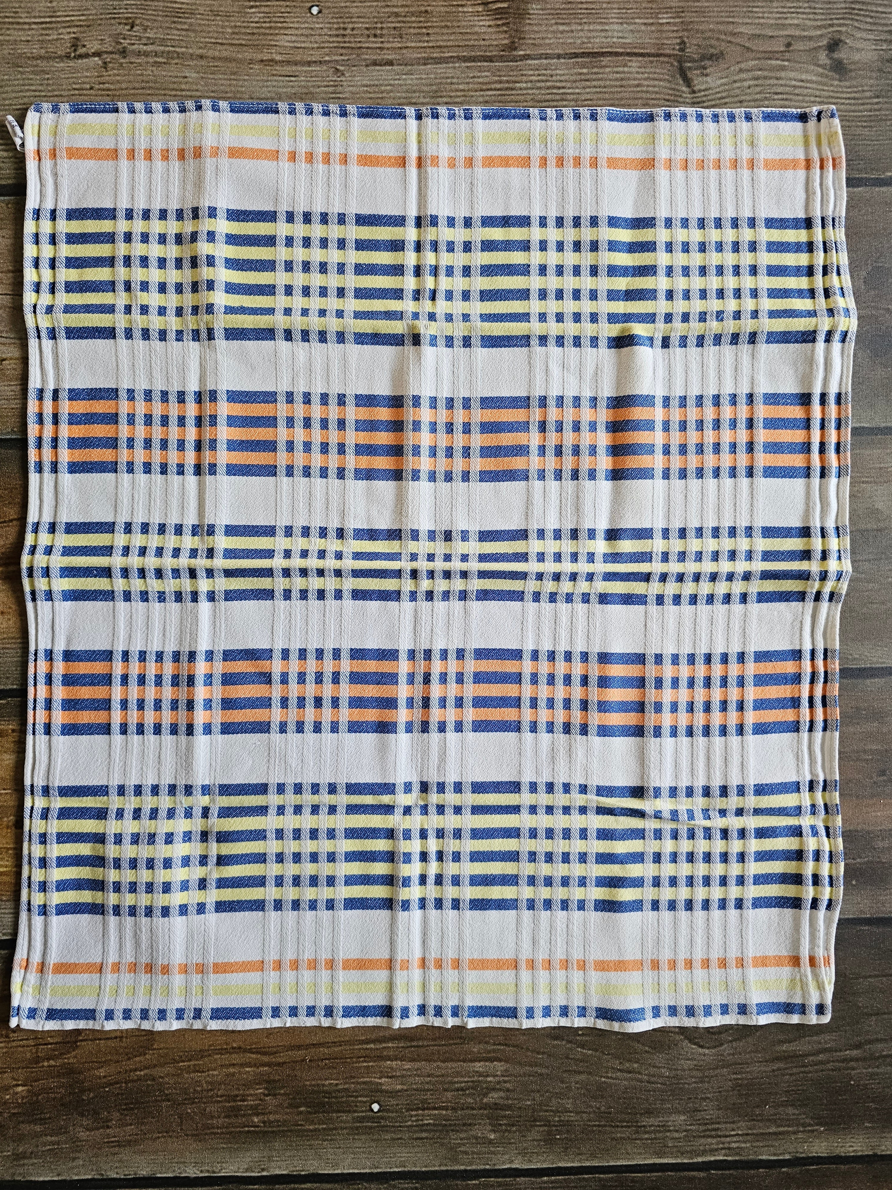 Vintage geruite theedoek oranje geel blauw