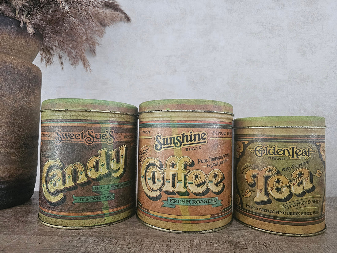 Amerikaanse vintage blikken Candy Coffee Tea jaren 70