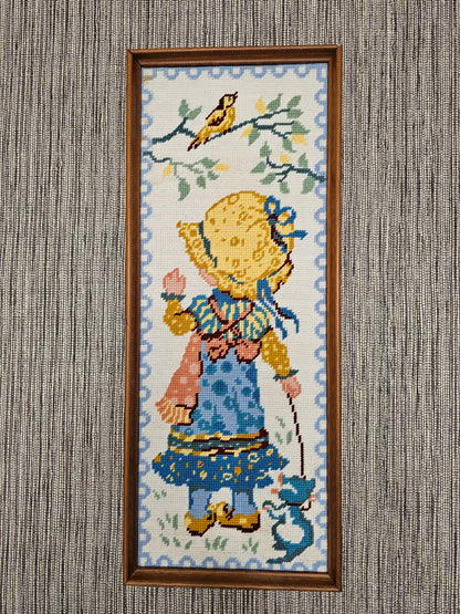 Vintage Sarah Kay ingeijst borduurwerk meisje met poes en vogel
