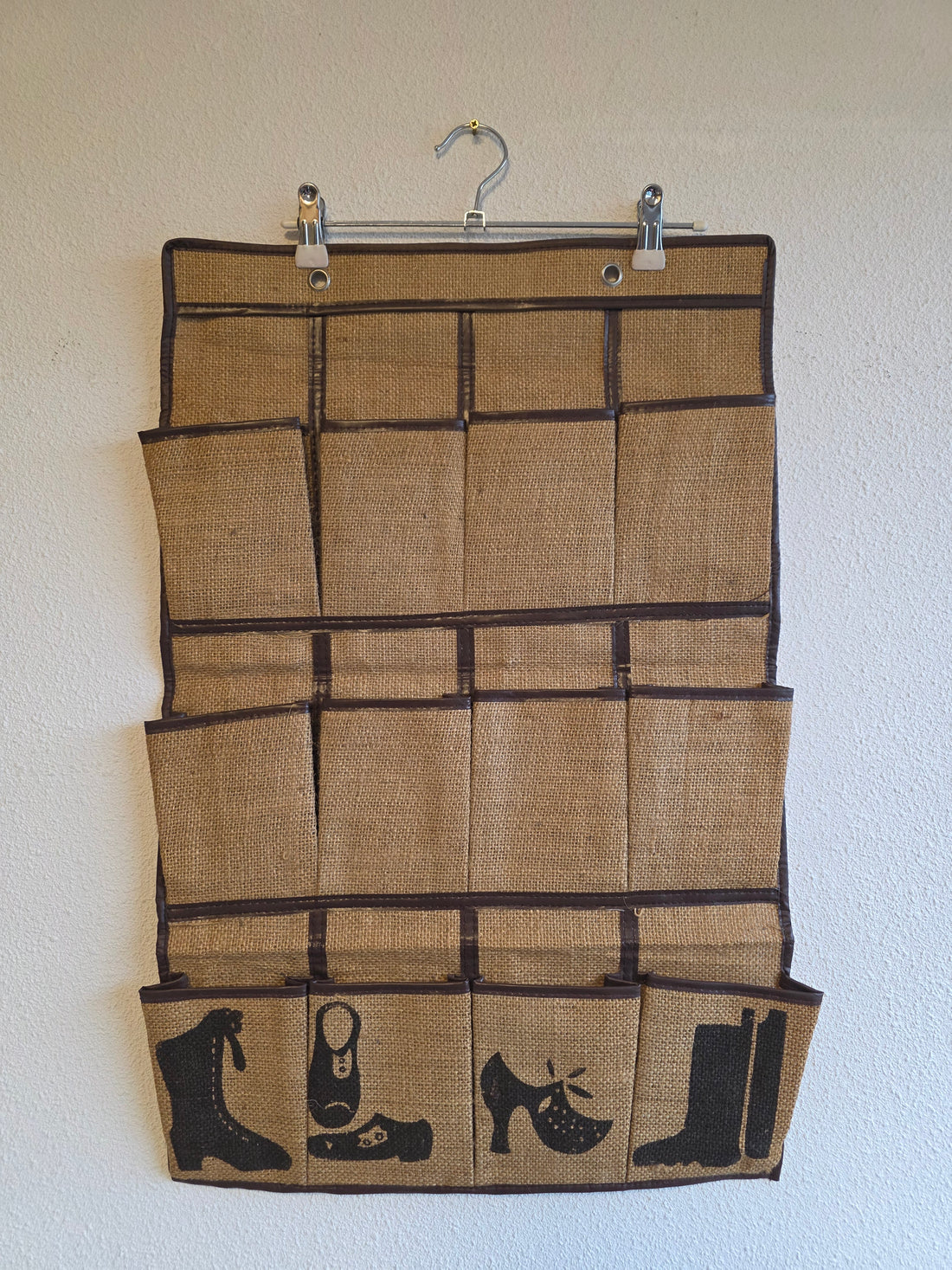 Vintage jute hangende opberger met vakken voor schoenen 67 x 43,5 cm