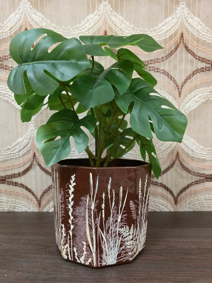 Bruine West Germany bloempot van kunststof met witte plantenprint 13 cm hoog