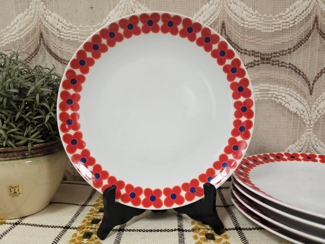 Set van 5 vintage Winterling Markleuthen Bavaria dinerborden, wit met rode bloemenrand en blauw detail in het midden, 24 cm