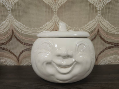 Grote witte keramieken knoflook- of uienpot met gezicht