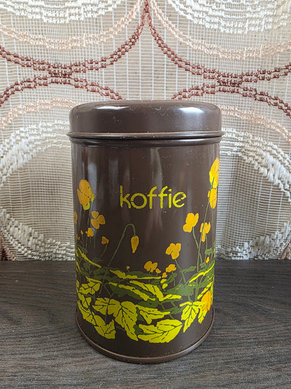 Brabantia Boterbloem koffieblik uit de jaren 70, bruin met gele bloemen