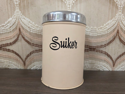 Crèmekleurig Brabantia suikerblik met zwarte letters en metalen deksel