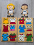 Houten aankleedpoppen Jill en Jeff met twaalf outfits en twee kledingplanken