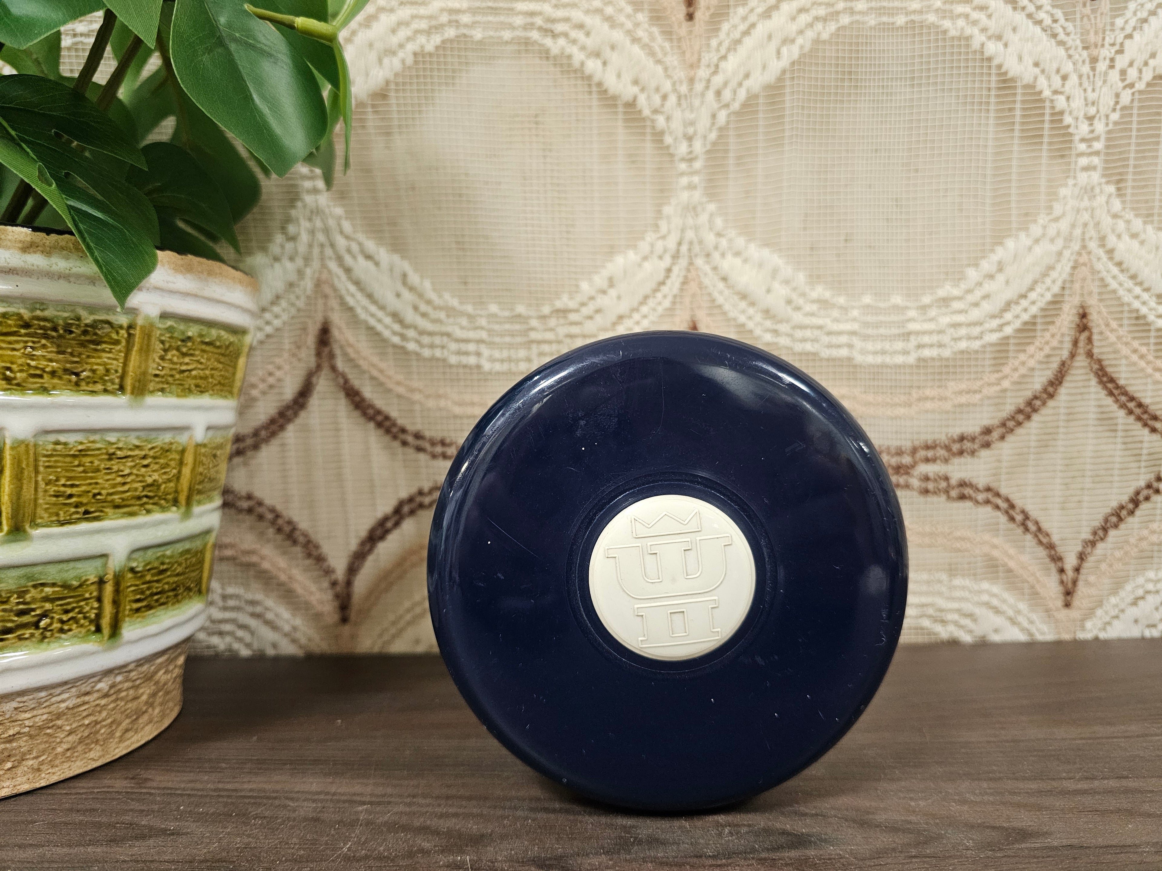 Vintage glazen voorraadpot met molen – blauw wit