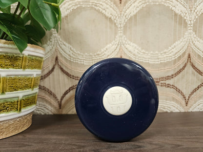 Vintage glazen voorraadpot met molen – blauw wit