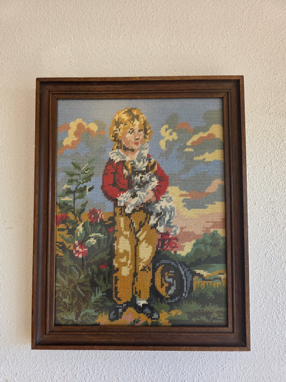 Vintage borduurwerk Master Simpson – jongen met hond in houten lijst