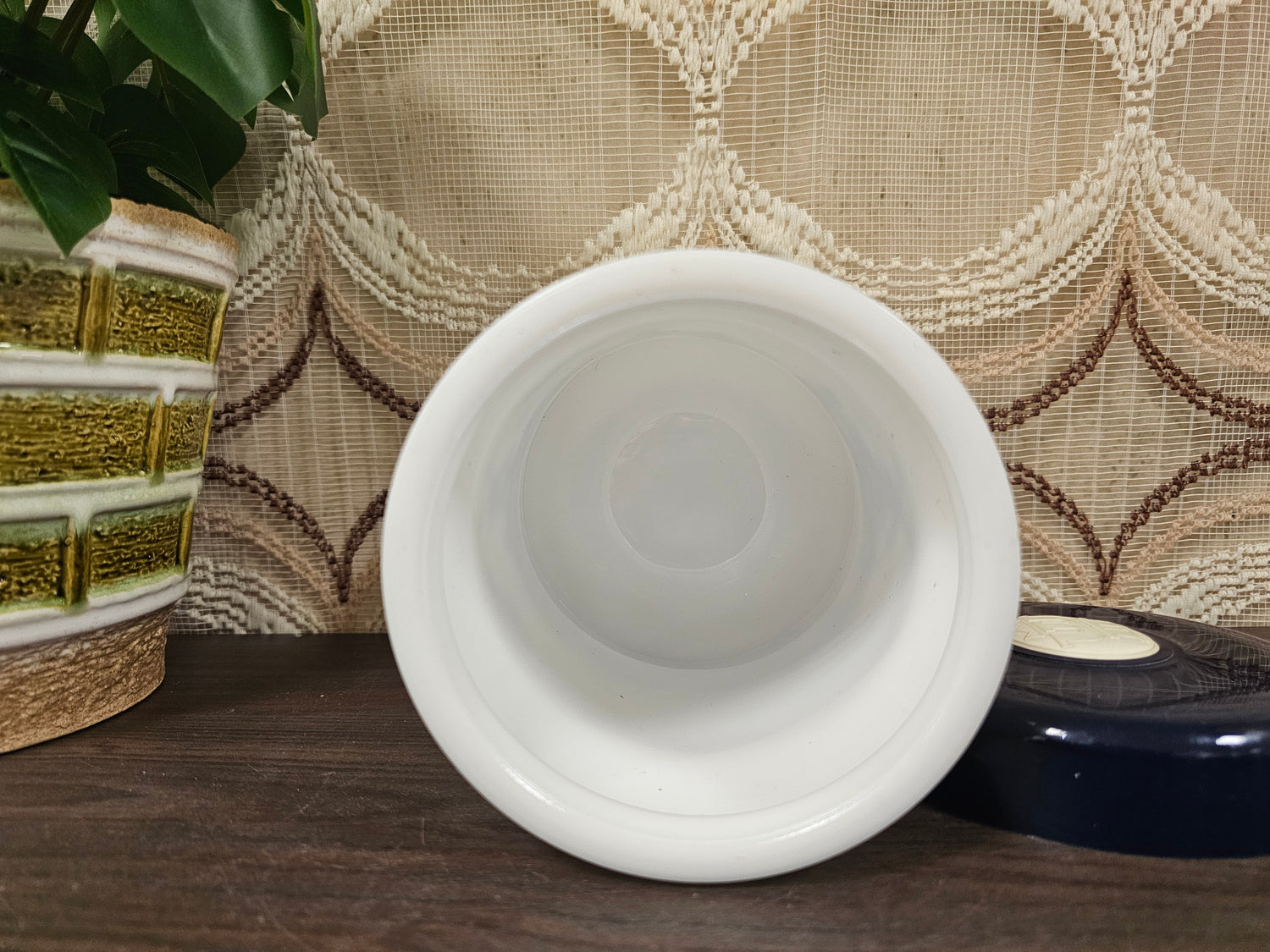 Vintage glazen voorraadpot met molen – blauw wit