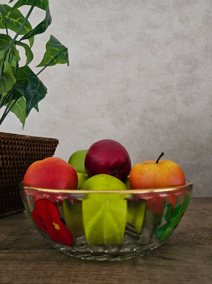 Vintage glazen fruitschaal met fruitige gezichtjes en gouden rand