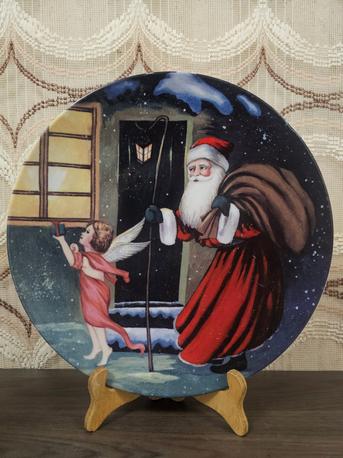 Vintage kerst serveerbord of wandbord kerstman & engel Ø 31,5 cm