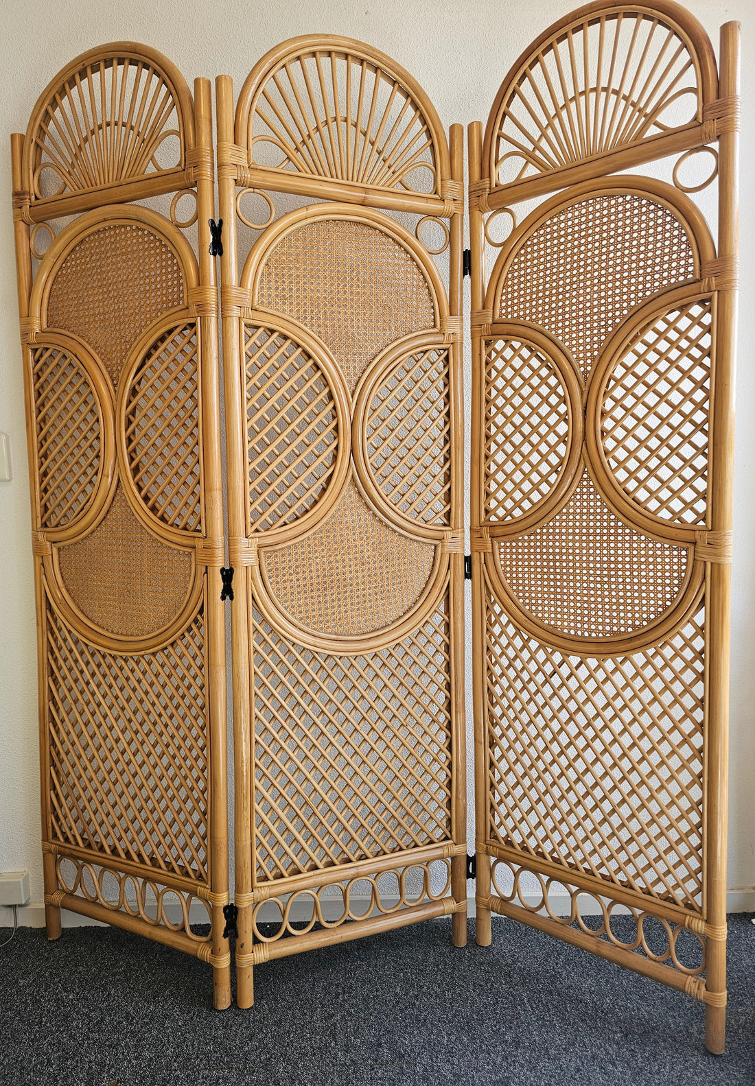 Vintage rotan kamerscherm – 3-delig, 180 cm hoog